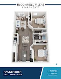 A floor plan of a two bedroom, two bathroom apartment at Bloomfield Villas.