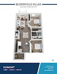 A floor plan of a 2 bedroom, 2 bathroom apartment with a living room, kitchen, and dining area.