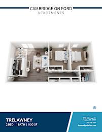 Apartment listing for Cambridge on Ford Apartments showing a 2 bedroom apartment with 1 bath.
