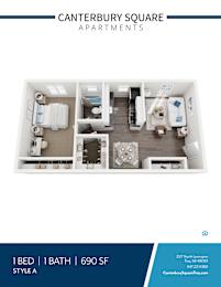 One bedroom floor plan 3D rendering style a at Canterbury Square Apartments, Troy, MI 48083