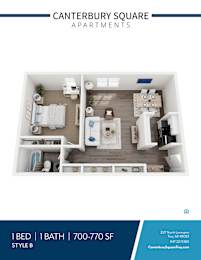 One bedroom apartment 3D floor plan overview at Canterbury Square Apartments, Troy, 48083