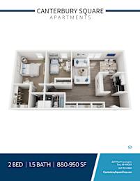 2 bedroom apartment 3D floor plan layout at Canterbury Square Apartments, Troy, Michigan
