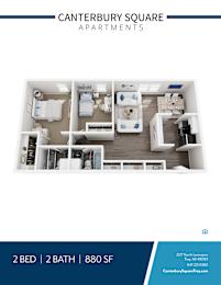 Two bedroom two bath floor plan 3D rendering at Canterbury Square Apartments, Troy