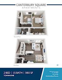 Two bedroom townhome floor plan upper and lower levels at Canterbury Square Apartments, Michigan, 48083