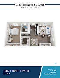 A floor plan of a 1 bedroom, 1 bathroom apartment at Canterbury Square Apartments.