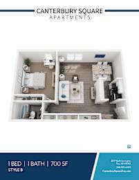 A Canterbury Square Apartments advertisement showcasing a 1 Bed, 1 Bath apartment with a floor plan layout.