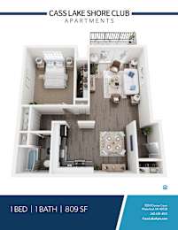 A floor plan of a one bedroom apartment with one bathroom at the Cass Lake Shore Club.