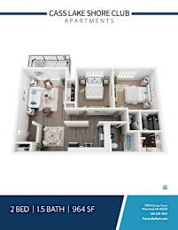 A floor plan of a 2 bedroom apartment with 1.5 bathrooms at the Cass Lake Shore Club.
