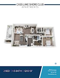 A floor plan of a 2 bedroom apartment with 1.5 bathrooms at the Cass Lake Shore Club.