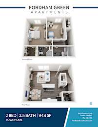 A blue and white image of a two bedroom apartment for rent.
