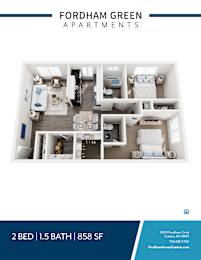 Apartment layout for Fordham Green Apartments showing a 2 bedroom apartment with 1.5 baths and 858 square feet.