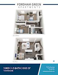 A blue and white advertisement for Fordham Green Apartments showing a 3 bedroom apartment with a first and second floor layout.