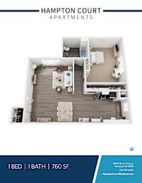 A Hampton Court Apartments floor plan shows a one bedroom apartment with a bathroom.