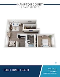 A Hampton Court Apartments floor plan shows a one bedroom apartment with a 1 bath.
