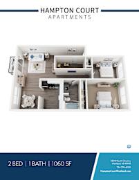 A blue and white image of a floor plan for a 2 bedroom apartment with 1 bath at Hampton Court Apartments.