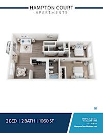 Apartment layout for Hampton Court Apartments showing a 2 bedroom, 2 bathroom apartment.
