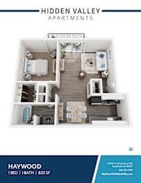 A floor plan of a one bedroom apartment in Hidden Valley Apartments.