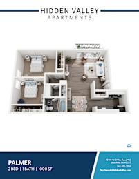 A floor plan of a two bedroom apartment with one bathroom at Hidden Valley Apartments.