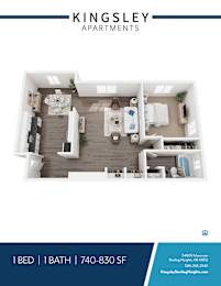 A Kingsley Apartments floor plan shows a one bedroom apartment with a bathroom.