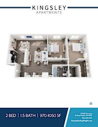 A Kingsley Apartments floor plan shows a 2 bedroom apartment with 1.5 bathrooms and a living area.