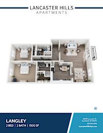 A blue and white image of a floor plan for a 2 bedroom, 2 bathroom apartment at Lancaster Hills Apartments.