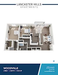 A blue and white image of a two bedroom apartment in Lancaster Hills.