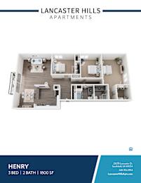 A floor plan of a 3 bedroom, 2 bathroom apartment at Lancaster Hills Apartments.