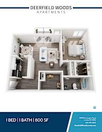 A blue and white advertisement for Deerfield Woods Apartments.