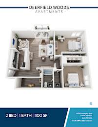 A blue and white advertisement for Deerfield Woods Apartments.