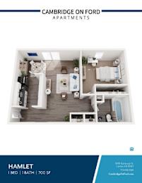 A blue and white image of an apartment layout for Cambridge on Ford Apartments.
