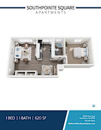 A floor plan of a one bedroom apartment with one bathroom at Southpointe Square Apartments.