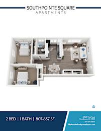 A floor plan of a 2 bedroom apartment with 1 bath at Southpointe Square Apartments.