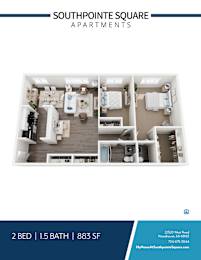 A floor plan of a 2 bedroom apartment with 1.5 bathrooms and 883 square feet.