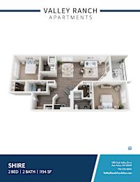 A blue and white image of a floor plan for apartment living at Valley Ranch Apartments.