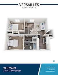 A floor plan of a Versailles Apartments apartment named Truffant, featuring two bedrooms and a 1.5 bath.