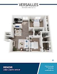 A floor plan of a Versailles Apartments apartment named Renoir, which includes 2 bedrooms, 2 bathrooms, and is 1070 square feet.