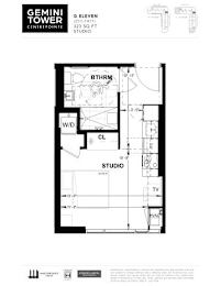 A floor plan for a studio apartment at Gemini Tower.