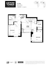 A black and white image of a floor plan for the Gemini Tower apartment.