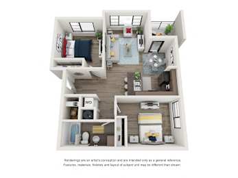 A 3D rendering of a modern, minimalist apartment layout.