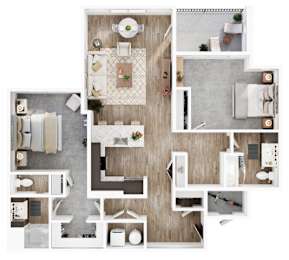 A top down view of a house layout with a kitchen, living room, and bathroom.
