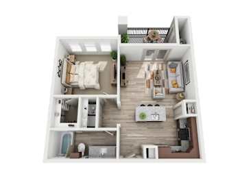 A top-down view of a small apartment with a bedroom and living room.