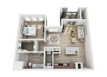 A 3D floor plan of a house with a kitchen, living room, and bedrooms.