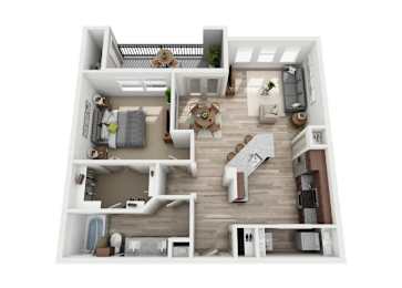 A top-down view of a small apartment with a kitchen, living room, and bedroom.