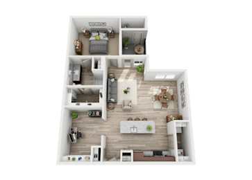 A top-down view of a two-story apartment with a living room, kitchen, and bedrooms.
