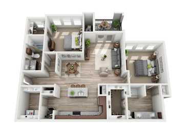 A top-down view of a modern apartment layout with a central open space.