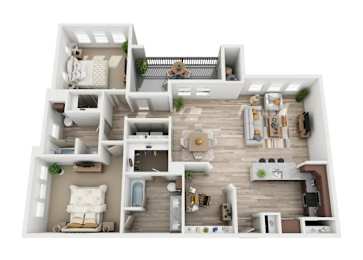 A top-down view of a house layout with multiple rooms and furniture.