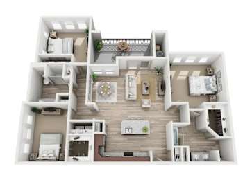 A 3D floor plan of a house with multiple rooms and furniture.