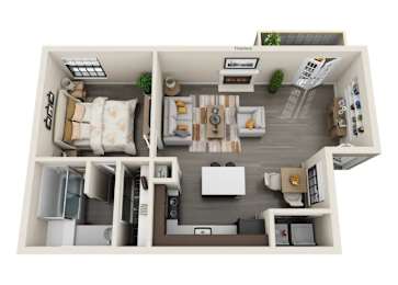 A 3D floor plan of a small apartment with a kitchen, living room, and bedroom.