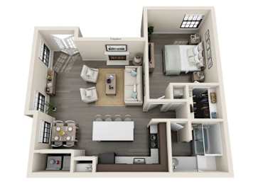 A 3D floor plan of a house showing a living room, dining room, kitchen, and bedrooms.