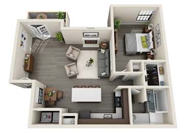 A 3D floor plan of a small apartment with a kitchen, living room, and bedroom.